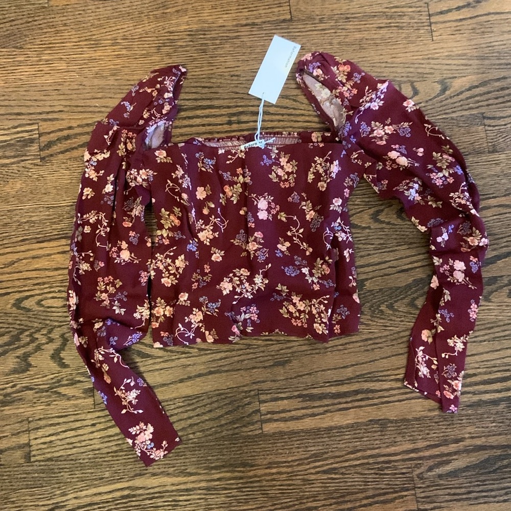 Reformation Burgundy Maroon Demi  Floral Long Sleeve Top 0